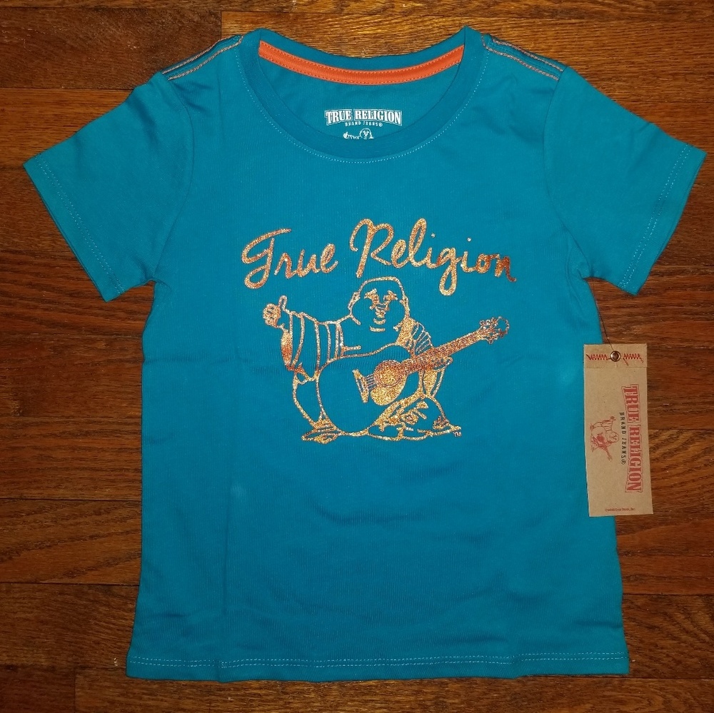 True Religion 5 6 Teal Blue Orange Glitter Tee